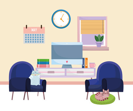 home office interior computer furniture books calendar clock chairs and cats resting on cushion