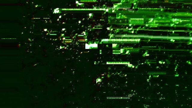 Abstract hacked green HUD interface 3D animation loop with defective digital code. Concept glitch background as cyberpunk computer crash overlay with fragments and cybersecurity malware error hex code