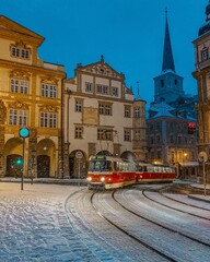 Fototapeta na wymiar old town Prague view travel tourism morning panorama evening Czech Republic snow lamps city nobody winter architecture ancient arch stone street building church medieval europa tourism history 