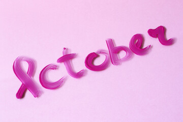 breast cancer symbol and word october on pink background