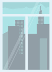 Window with high-rise city buildings outside. Urban buildings with sky, looking through window at city with skyscrapers, daytime. Vector illustration of window with transparent glass and white frame