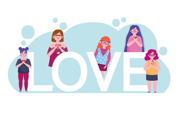 diversity women group and lettering cartoon character self love