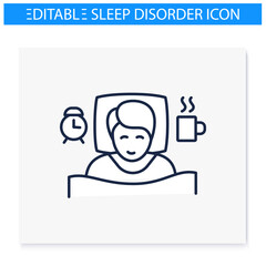 Wake schedule changes line icon. Difficulty falling asleep. Insomnia. Sleep disorder. Healthy sleeping concept. Sleep problems treatment. Awakening problems .Isolated editable vector illustration 