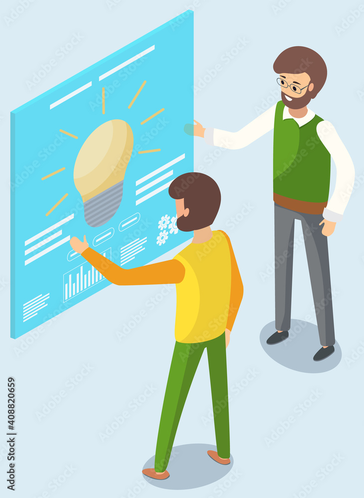 Aufkleber great idea and brainstorming in business with businessmen partners looking at idea bright light bulb