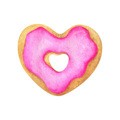 A heart-shaped doughnut with pink icing and yellow sprinkles. Watercolor illustration of a cute bagel isolated on a white background. doughnut clipart for romantic food print design