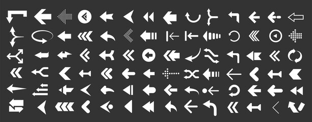 Arrows web collection on black. Modern graphic direction signs computer screen curves arrows set