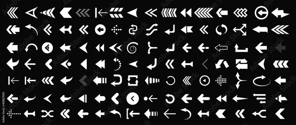 Poster arrows web collection on black. modern graphic direction signs computer screen arrows vector set
