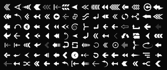 Fototapeta na wymiar Arrows web collection on black. Modern graphic direction signs computer screen arrows vector set