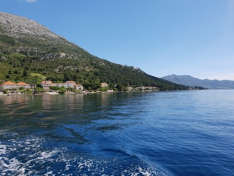Crossing to Korcula Island with a view of Orebic, Croatia