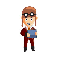 pilot Holding Tablet Phone character illustration use helmet headphones and glasses