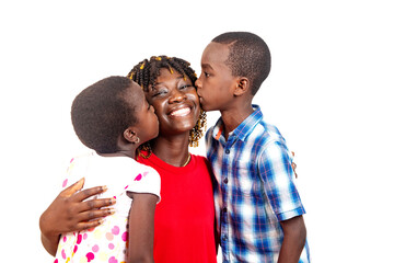 cute little children kissing their mothers on the cheeks.