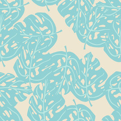 Tropical seamless doodle pattern with blue colored monstera shapes ornament. Random foliage print.