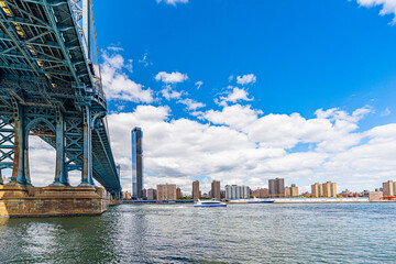 Manhattan Bridge over East River and waterfront condominium Manhattan New York City Wide angle view