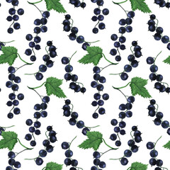 Watercolor painting seamless pattern with black currant berries