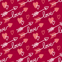 Valentines Day doodle Seamless pattern of hand drawn elements with heart shape for girls and boys textile, wallpaper, Greeting card