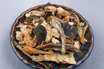 Dried Anchovy and Kelp and Shiitake mushrooms. Ingredient of broth.