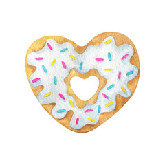 A heart-shaped doughnut with white icing and colorful sprinkles. Watercolor illustration of a cute bagel isolated on a white background. doughnut clipart for romantic food print design