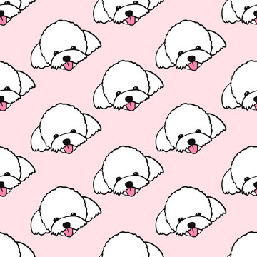 Maltese poodle dog seamless pattern vector illustration. Cute white Maltese face on pink background