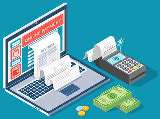 Online digital invoice laptop or mobile smartphone with bills credit card money coins flat illustration. Concept of electronic bill and online bank, laptop with check tape, payments electronic online - obrazy, fototapety, plakaty