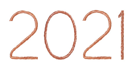 number 2021 made of copper wire  isolated on white background