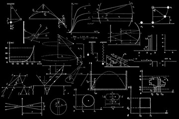 Black Background with mathematic and science symbols, education, school geometry and physics. School blackboard illustration.