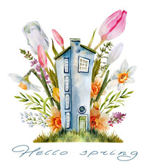 Watercolor blue house with flowers of tulip, daffodil, lavender and eucalyptus leaves. A cute fairy-tale house, flowers and a hand-written inscription-hello spring.