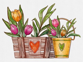 Hand Drawing Watercolor and Pencil Wooden Box with Tulips. Gardening. Colored Tulips. Isolated Greeting Card Spring International Woman’s Day. Happy Easter. Yellow Bucket with a Heart.
