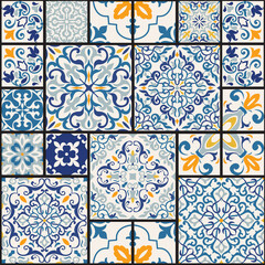 Seamless colorful patchwork tile with Islam, Arabic, Indian, ottoman motifs. Majolica pottery tile. Portuguese and Spain decor. Ceramic tile in talavera style. Vector illustration.	
