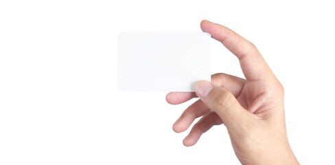 Close up of hand holding virtual card with. Credit card in hand