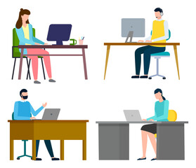 Set of illustrations. People working with computers. Women and men sitting at table and using laptops or computer. Young man operator with headset typing on keyboard. Office workers, modern technology