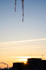 Obraz premium Icicles against blue sky, setting sun and city. Ice texture. View of the melting icicles from the window. Selective Focus Icicles on the window cornice against background of blurry beautiful sunset.