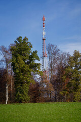 Tv and communications tower in the forest.