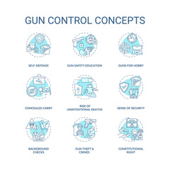 Gun control turquoise concept icons set. Self defense. Safety education. Concealed carry. Firearm regulation idea thin line RGB color illustrations. Vector isolated outline drawings. Editable stroke