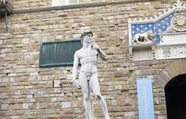 Replicas of Michelangelo's David, in Plaster, in front of the Palazzo della Signoria, Florence,...