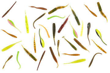Jig silicone fishing lures isolated on a white background. Silicone fishing baits isolated....