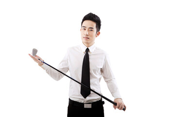 Business people holding a golf club