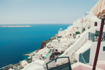 view of the sea and the houses from the top of Santorini in Greece