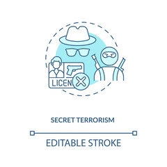 Secret terrorism turquoise concept icon. Crime with firearm. Danger of attack. Criminal assault. Gun control idea thin line illustration. Vector isolated outline RGB color drawing. Editable stroke