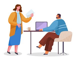 Workers communicating, woman give documents, report, agreement to man colleague sitting at table with laptop, businesspeople discussing work moments, partners and partnership, employees, isolated flat