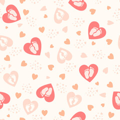 Cute background with hearts and baby feet for baby design. Pastel colors, pink shades. Vector