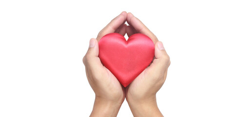Hands holding  red heart. heart health donation concepts