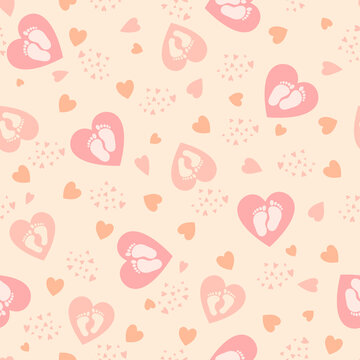 Cute background with hearts and baby feet for baby design. Pastel colors, pink shades. Vector