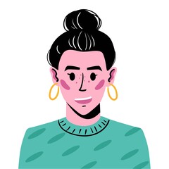 Portrait of a young girl with hair gathered in a bump. Avatar illustration of a smiling girl in a green sweater and with earrings. Hand-drawn face isolated on white background.
