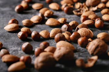 Varieties of nuts: almonds, hazelnuts and walnuts