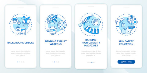 Fototapeta na wymiar Gun safety guidelines blue onboarding mobile app page screen with concepts. Weapon control and regulation walkthrough 5 steps graphic instructions. UI vector template with RGB color illustrations