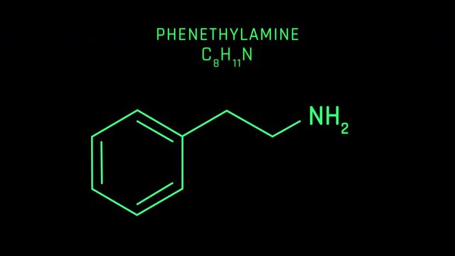 Phenethylamine Molecular Structure Symbol Neon Animation on black background