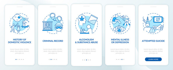 Personal history of violence blue onboarding mobile app page screen with concepts. Gun control guidelines walkthrough 5 steps graphic instructions. UI vector template with RGB color illustrations