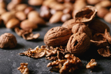 Varieties of nuts: almonds, hazelnuts and walnuts