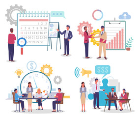 Set of images office workers, workflow. Managers, leaders, teamwork. Planning, contracting, make deal, long negotiations, financial consulting. Infographic icons Flat illustration for landing pages