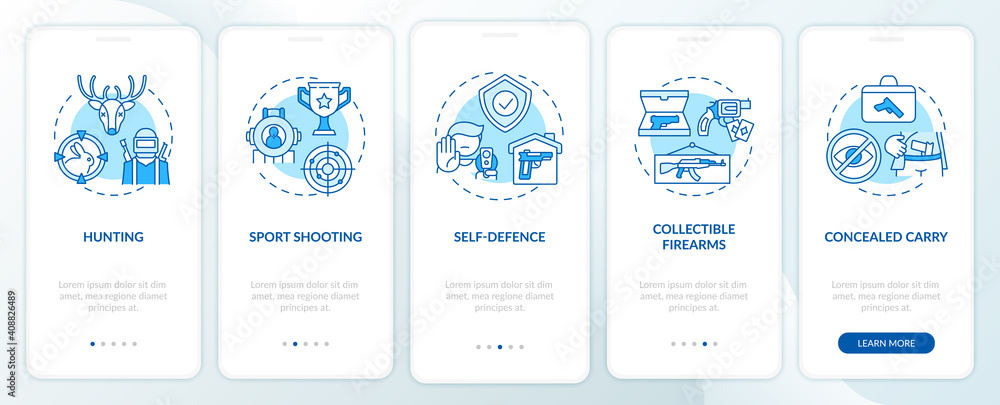 Poster guns for hobby blue onboarding mobile app page screen with concepts. self defense. weapon control wa